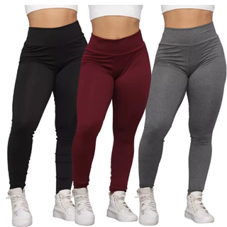 Kit 3 calça legging suplex feminina fitness cós alto lisa para treino, academia
