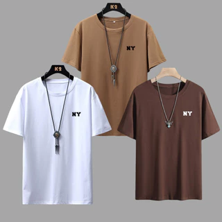 Camiseta Cores Terra Estampada NY Marrom Bege Branco 100% Algodão