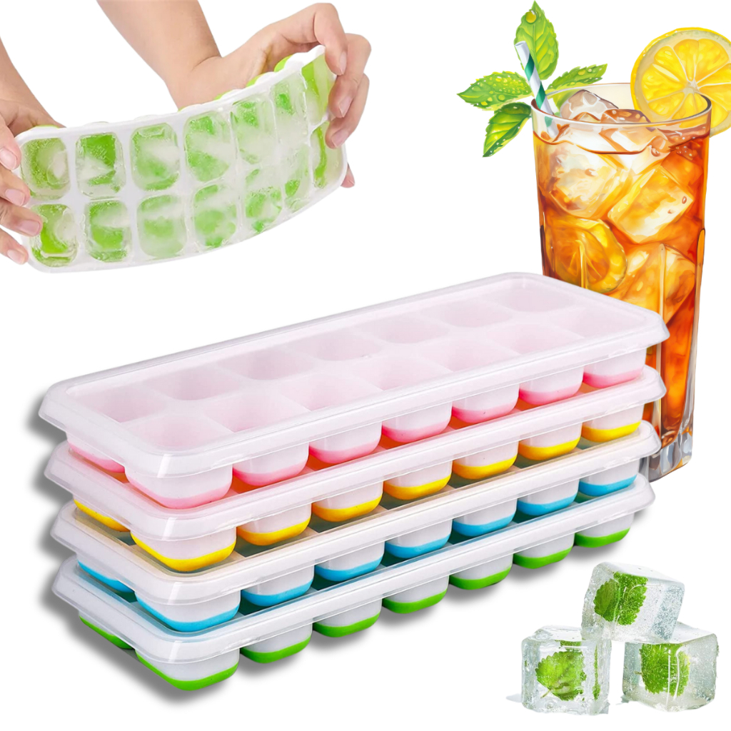 Forma de Gelo Silicone Tampa Rígida Flexível Fundo 14 Cubos Retangular Multiuso Lavável Promoção