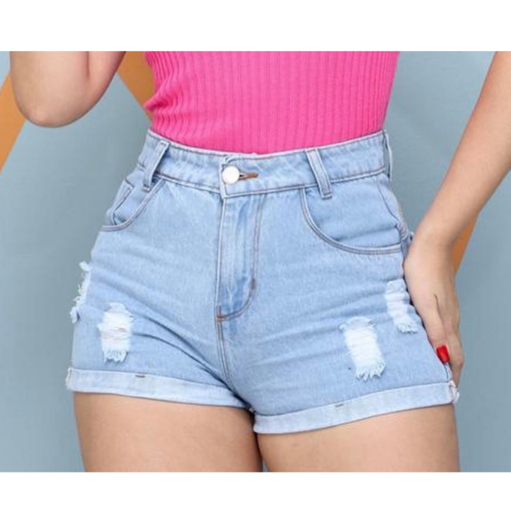 Shorts jeans feminino cintura alta com lycra - R$ 49.90, cor Azul
