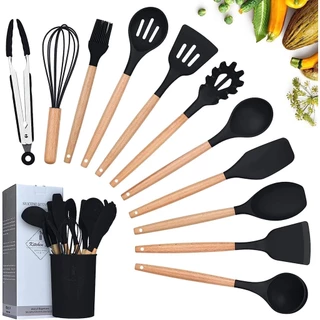 Kit C/12 Peças Utensílios De Cozinha Colheres Espatula Silicone Cabo Madeira Decoração Livre