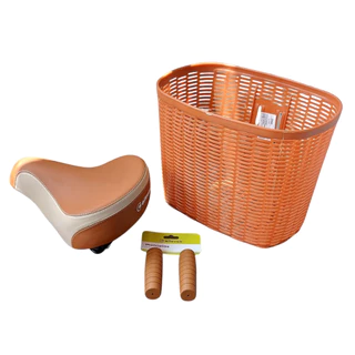 Kit Bicicleta Bike Retrô Cesta para transportar compras, pet Selim retrô com molas e par de Manoplas confortáveis Marrom Vintage