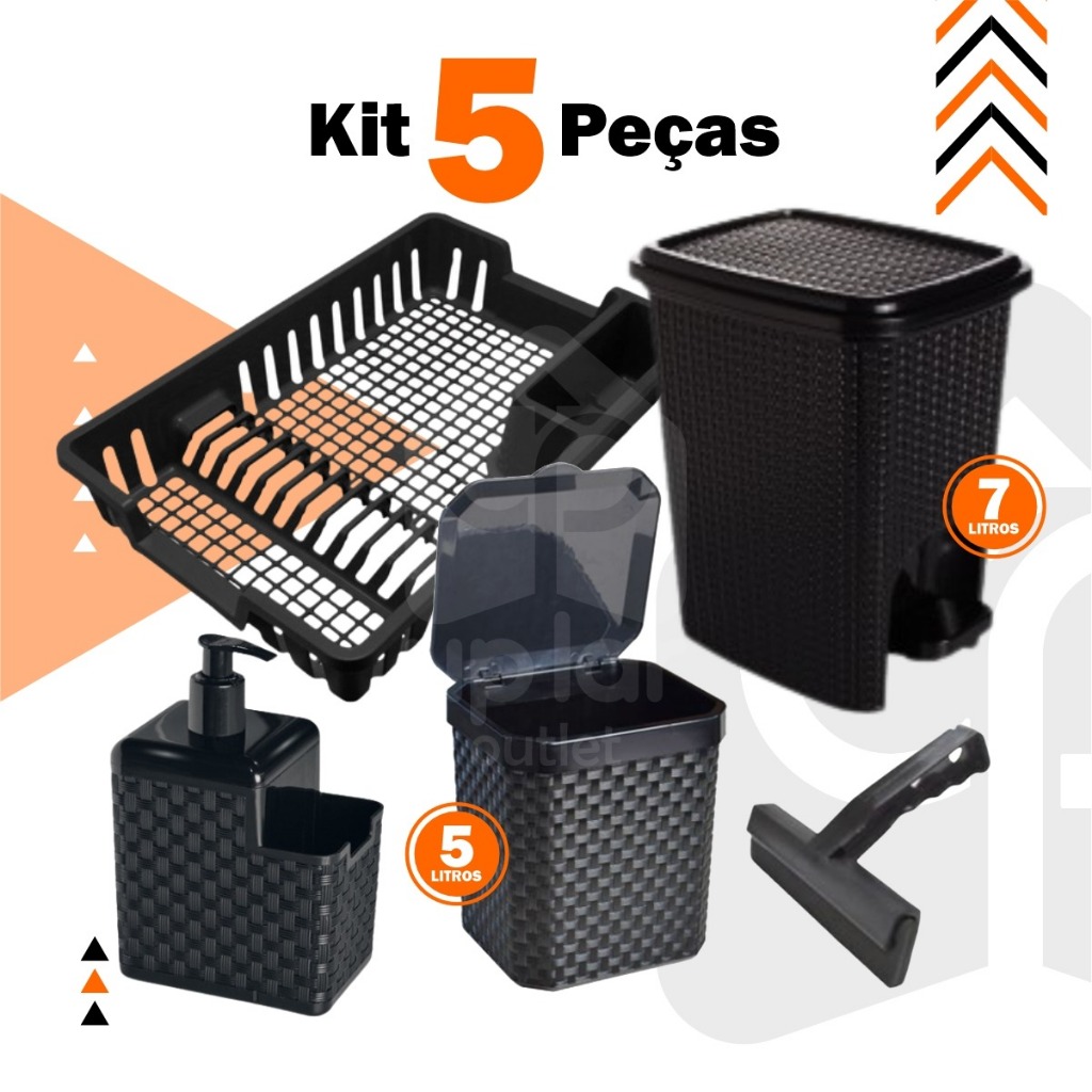Kit Lixeira Pia 5 Litros + Lixeira 7 Litros + Porta Detergente + Rodinho de Pia + Escorredor Louça