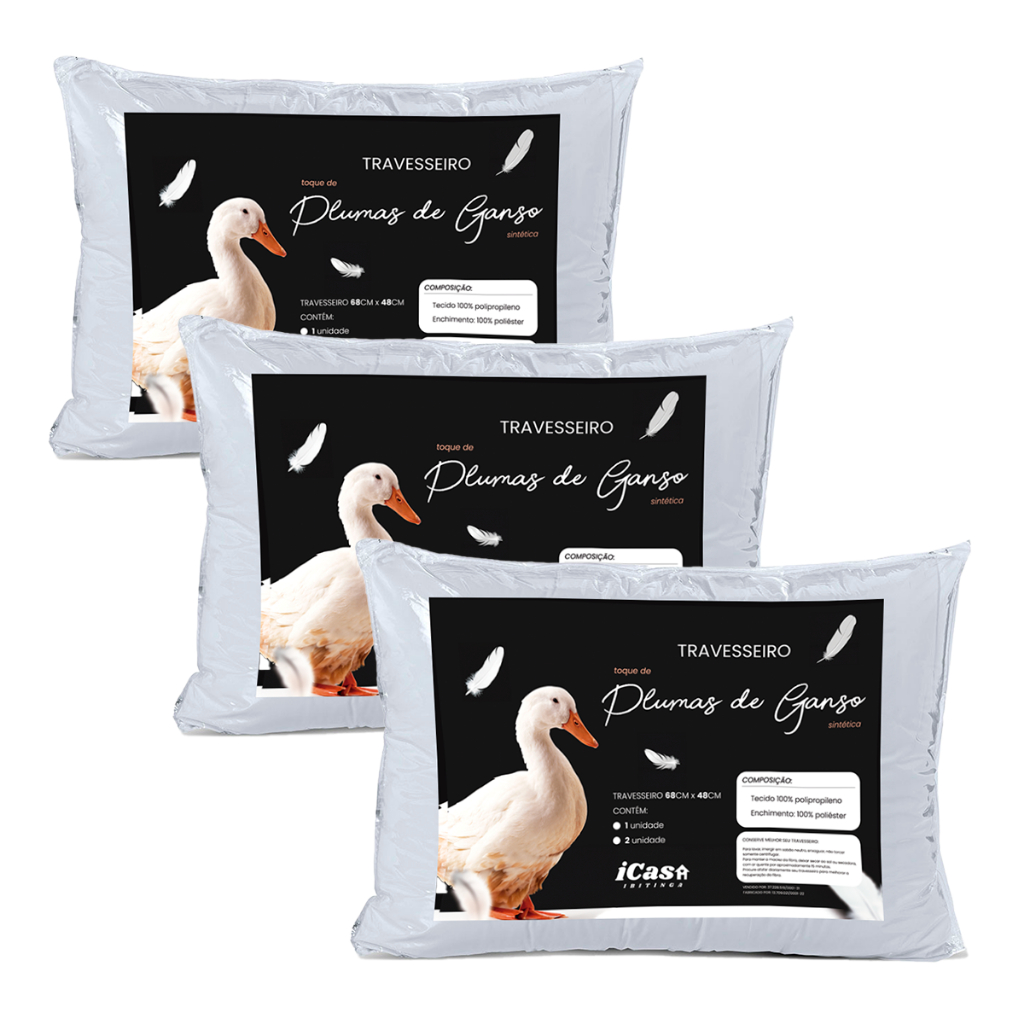 Kit 3 Travesseiro Pluma e Penas De Ganso Premium Extra Macio