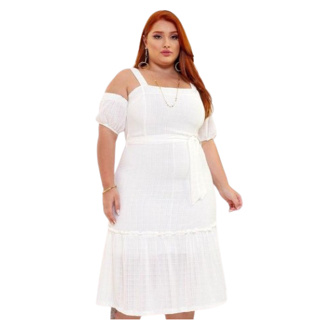 Vestido Midi Chino Alça Lastex Forrado Manga Curta Plus Size