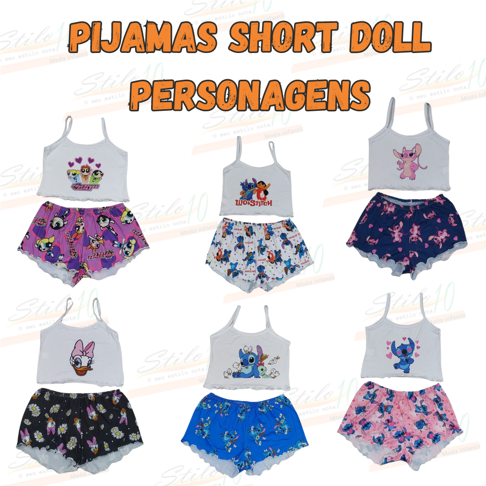 Pijama Virginia Cropped Ondinha Baby Doll Short Dool Verao 1 Un Sortida Lillo e Stich e Personagens