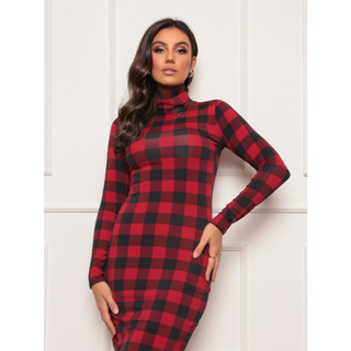 Vestido Xadrez Feminino Com Gola Alta E manga Comprida