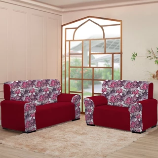 Kit Capa Protetora p/ Sofá 3 e 2 Lugares Mista Estampada Floral/Liso (Decoração Sala Capa Jogo)