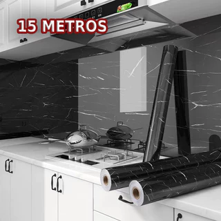 Adesivo 15m x 60cm / 9m² Marmore Preto de cozinha Resistente a Agua/Óleo/Fogo