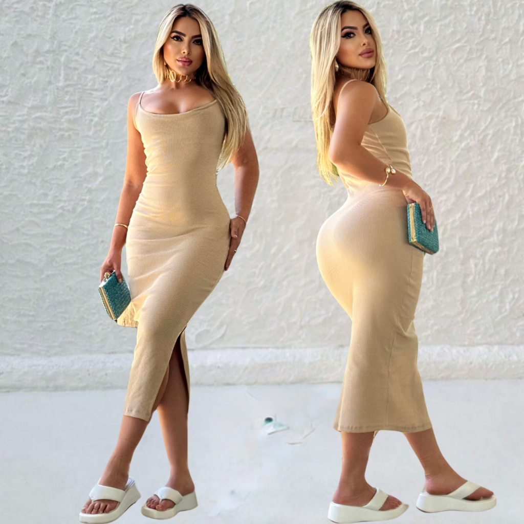 vestido de alça longo colado com fenda lateral