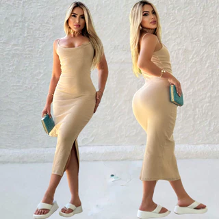 vestido de alça longo colado com fenda lateral