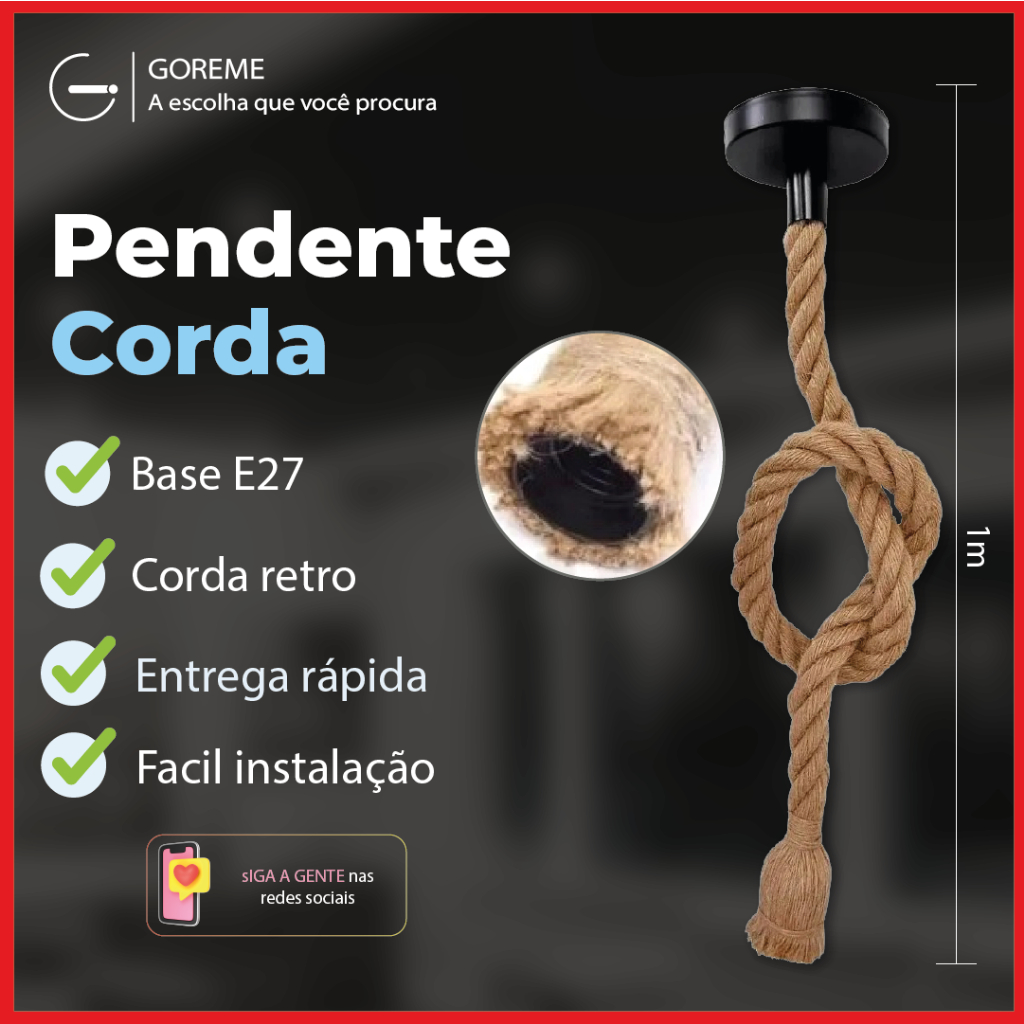 Pendente Corda 1M Retro Vintage Rústico Sisal E27 Para Decoração Com Detalhes Pérola Preta