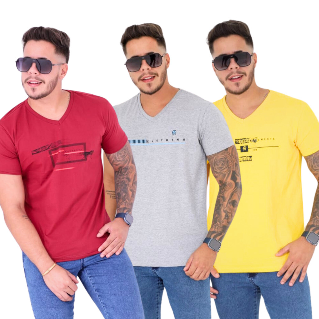 Kit 03 Camisetas Gola V Silkada Masculina Fio 30 100%Algodão