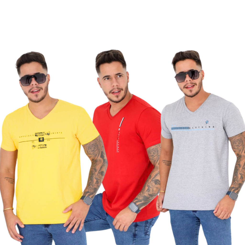 Kit 03 Camisas Gola V Masculina Silkada Fio 30.1 100%Algodão