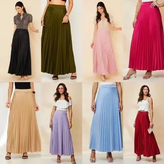 Saia Longa Plissada Lisa Com Forro Moda Evangelica -002