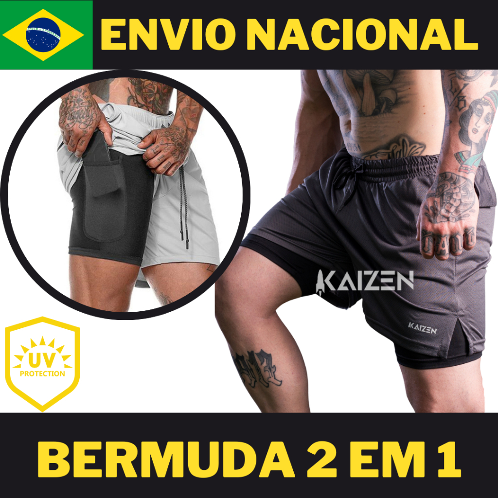 Bermuda academia masculina kaizen sports 2 em 1 com Proteçao uv