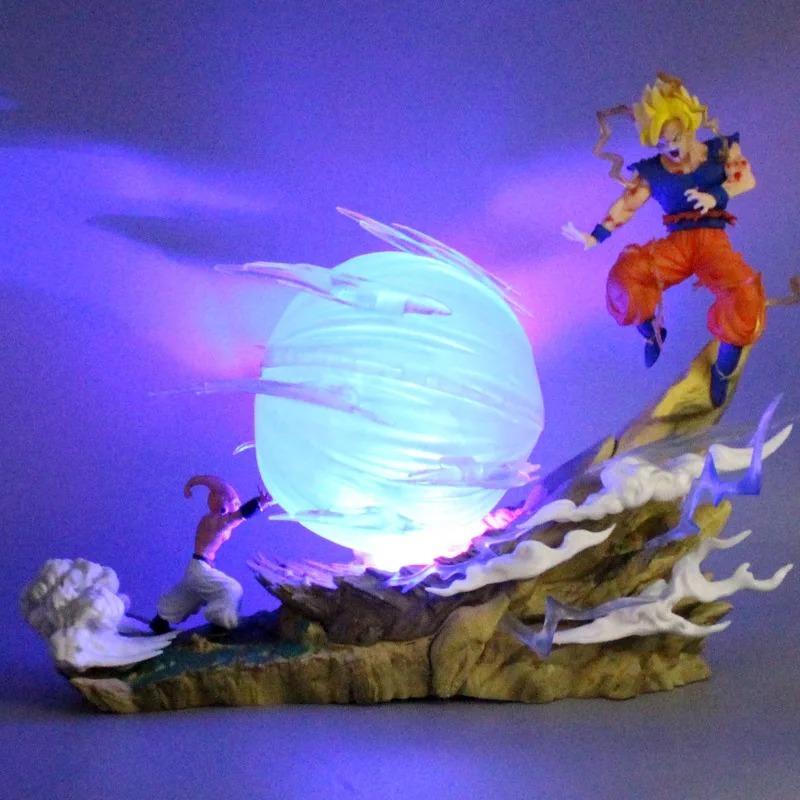Action figure Goku Super Saiyajin e Kid boo Lutando Dragon Ball Z 22cm Com LED DBZ Diorama Cenário
