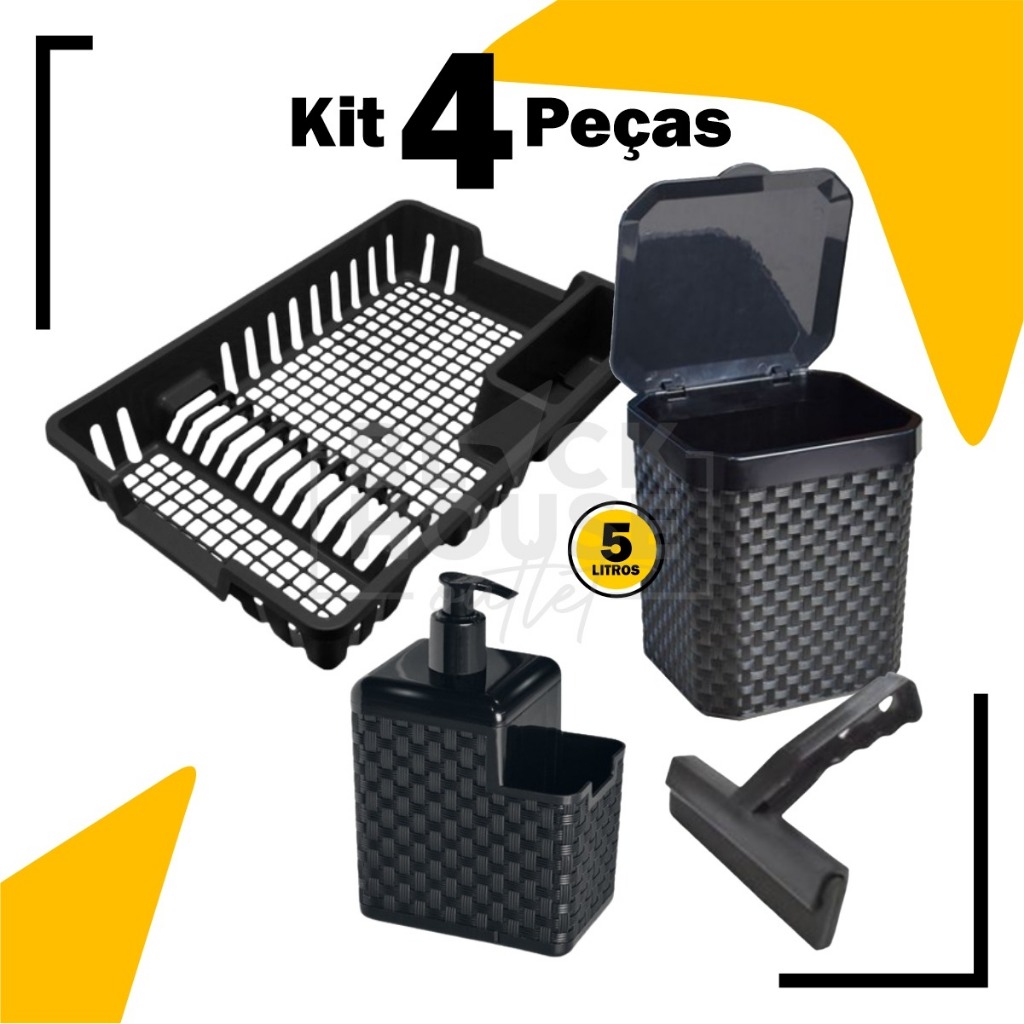 Kit Lixeira 5 Litros + Porta Detergente + Rodinho de Pia + Escorredor Louça