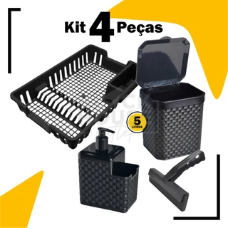 Kit Lixeira 5 Litros + Porta Detergente + Rodinho de Pia + Escorredor Louça