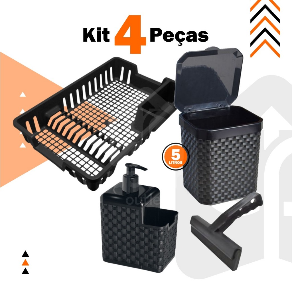Kit Lixeira 5 Litros + Porta Detergente + Rodinho de Pia + Escorredor Louça