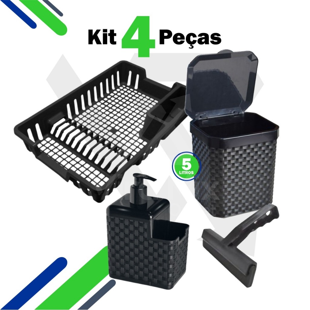Kit Lixeira 5 Litros + Porta Detergente + Rodinho de Pia + Escorredor Louça