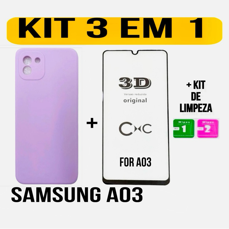 Capa Capinha Kit 3 em 1 do Samsung A03 capa película e kit de limpeza
