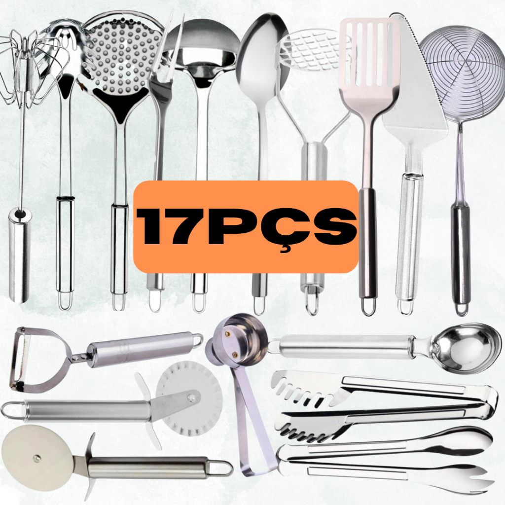 Jogo Kit 17 Talheres Utensílios De Aço 100% Inox Original Multiuso Para Sua Cozinha