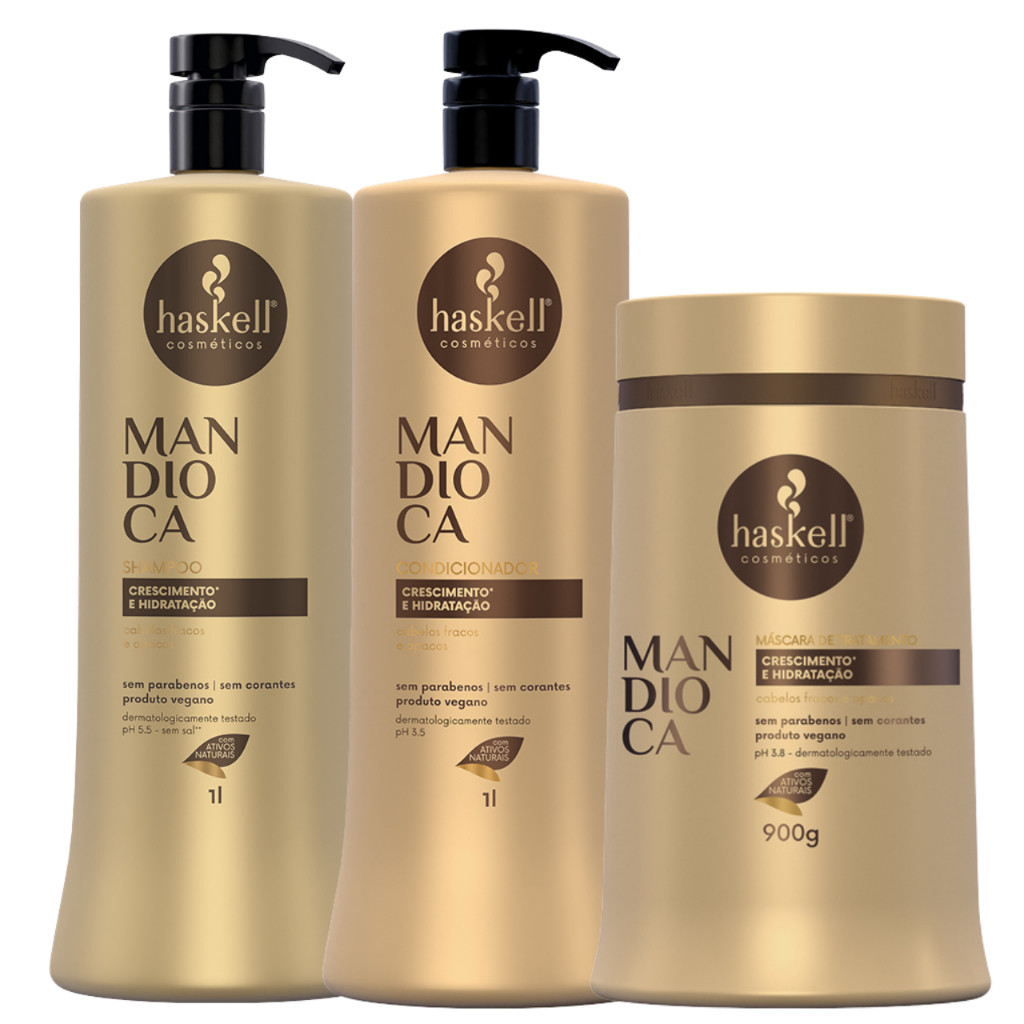 Haskell Mandioca Shampoo 1kg + Condicionador 1 kg + Mascara 900g Profissional