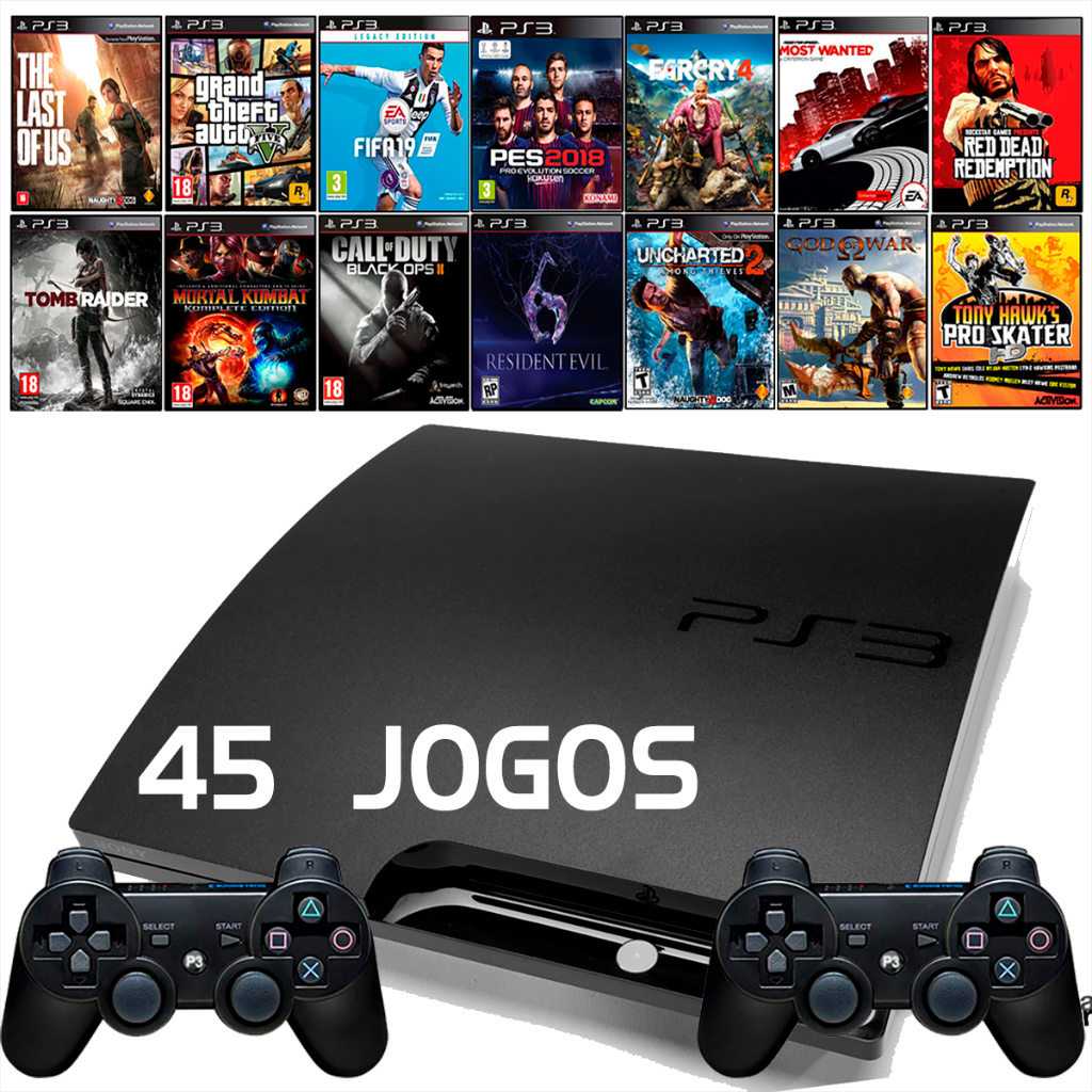 Playstation 3 Ps3 Slim 250GB - 45 Jogos - 2 Controles - GTA5 - Tomb Raider - Red Dead Redemption - Call of Duty - Far Cry - Garantia 3 Meses com Nota Fiscal