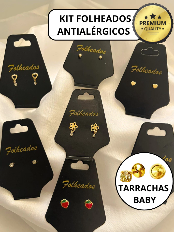 Kit 5 Pares Brincos Infantil Folheados a Ouro