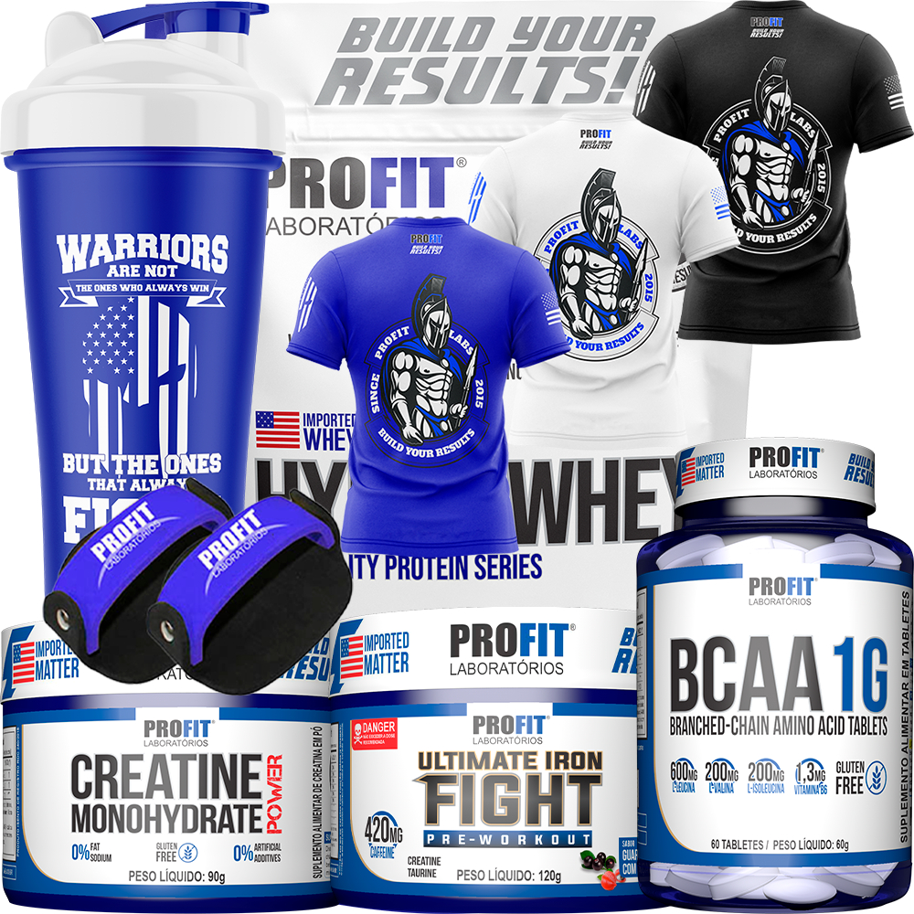 Hyper Whey 900g + Creatina 90g + BCAA 60 Tabletes + Pré-treino + Camiseta + Coqueteleira + Luva - Profit Laboratórios