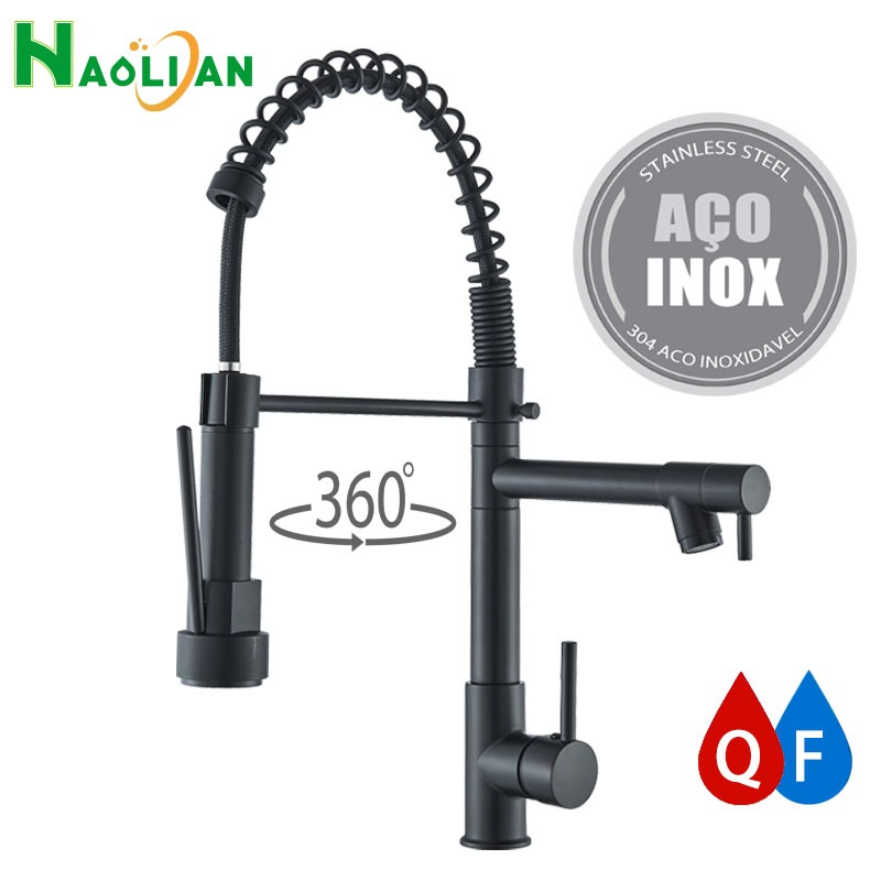 Torneira Cozinha Gourmet Monocomando Com Spray Extensor 304 Inox Preto/Cromado/Níquel Escovado