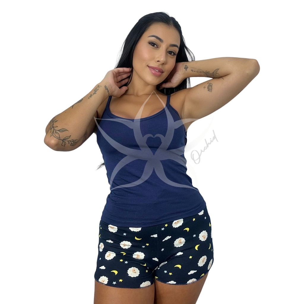 Pijama Baby Doll Básico Estampado Suede Roupa de dormir Confortável