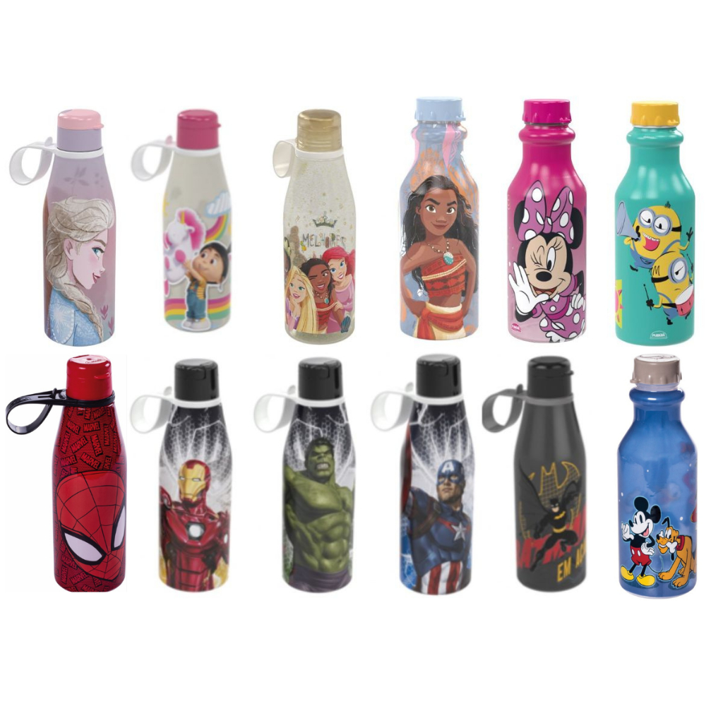 Garrafa Garrafinha infantil de criança 500ml BPA Free Minnie Mickey Frozen Princesas Homem Aranha Hulk Capitao America Minions Patrulha Canina Disney