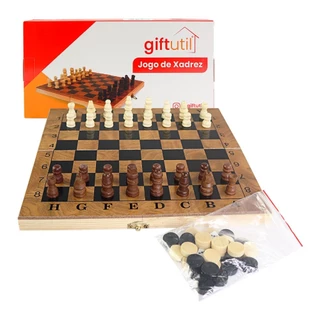 Jogo de Xadrez Maleta 3 em 1 de Madeira 29cm e 23,5cm Dama Gamão Portátil Compacto