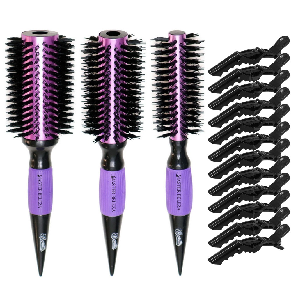 Kit 3 Escovas Profissionais Pro Resistant Roxo Preto + 12 Presilhas