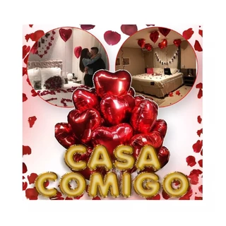 Kit Decoração Romântica 500 Pétalas + 12 Velas + 10 Balões + 10 M Fitilho + Casa Comigo OU Namora Comigo
