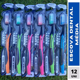 Kit Pacote Com 12 Escovas Dental Média Adulto Com Capa Protetora e Limpador De Lingua em Oferta na Shopee