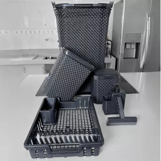 Monte Seu Conjunto Com Cesto Basculado Rattan 50 Litros( Lixeira 07 Litros,  Lixeira 05 Litros,Escorredor de Louça