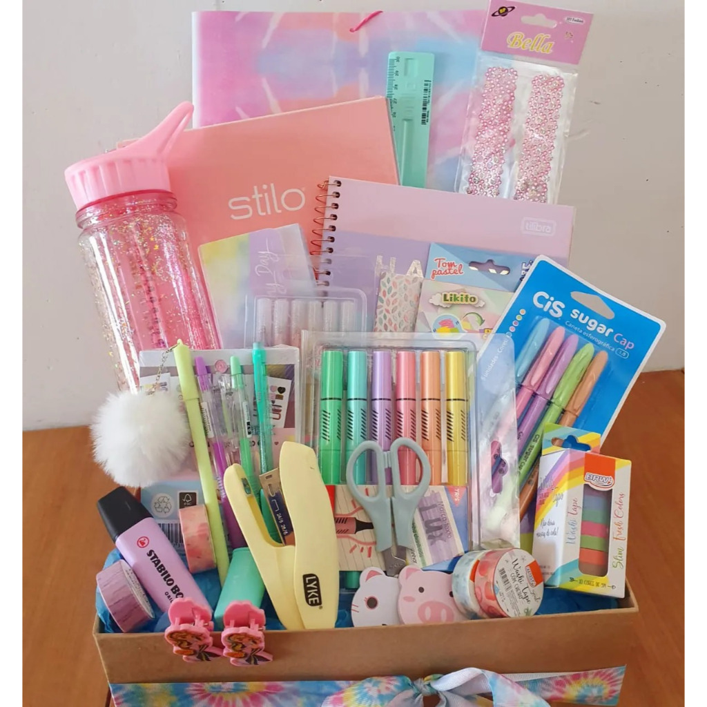 Kit Papelaria Com Material Escolar Kawaii Fofo Caderno Pastel Caneta