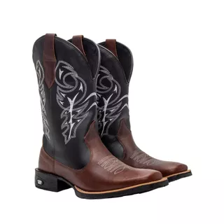 Bota Texana Masculina Contry Bico Quadrado de Couro Legitimo Café Western Delegada