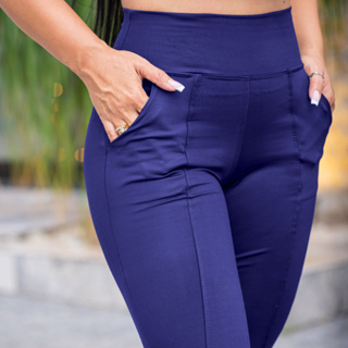 Calça Legging Feminina Leg Montaria Cintura Alta Preta Bolso Faca