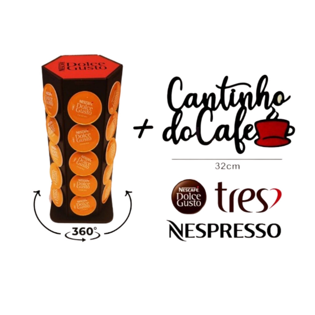 Torre Porta Cápsulas Sextavada GIRATÓRIA 360°+ FRASE | TRÊS CORAÇÕES / DOLCE GUSTO / NESPRESSO| Pintado