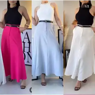 Saia Longa Alfaiataria Moda Evangélica Tendência Com cinto