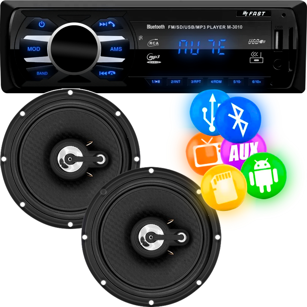 Kit Som Automotivo Bluetooth USB SD Auxiliar + Par de Alto Falantes 50W 6" Polegadas