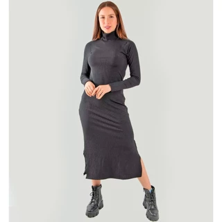 Vestido Midi Gola Alta Manga Longa Canelado Inverno
