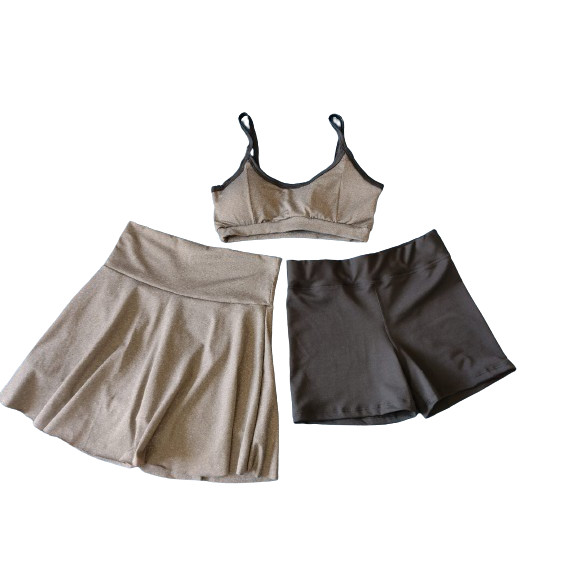 Conjunto Carla Short Saia rodado + Top com bojo removivel + Short suplex - Academia/Caminhada - conjunto fitness 3 PEÇAS