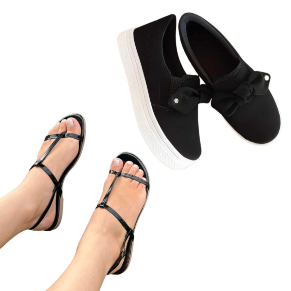 Kit Sandália Feminina Rasteirinha Básica + Tênis Feminino Slip On Laço ...