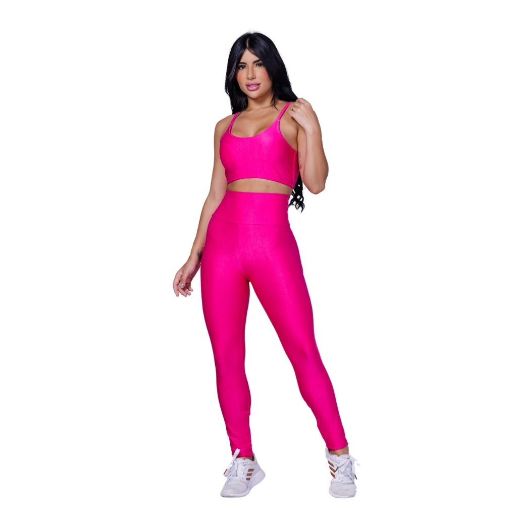 Conjunto Fitness Academia Calça e Top Canelado Rosa em Poliamida Zero ...