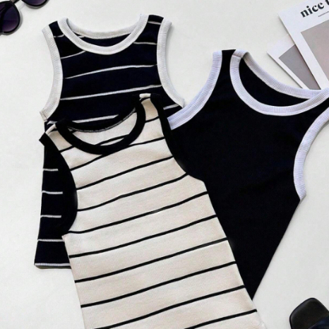 Kit 2 Regata Listrada Bicolor Preta e Branca Modal Tecido Ribana Moda Verão 2024